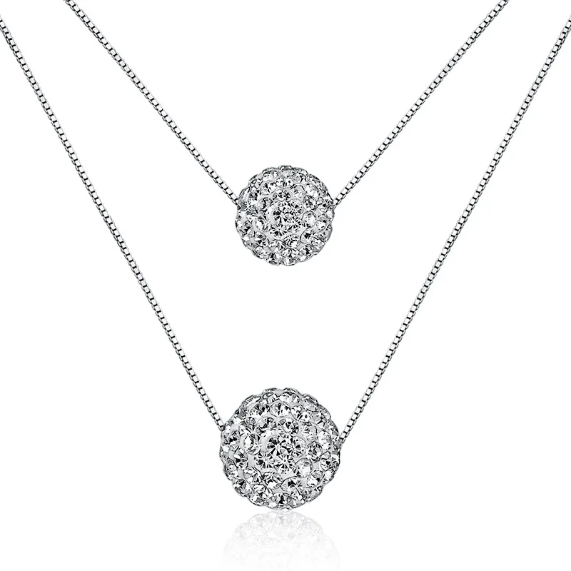 

New 925 Sterling Silver Women's Fashion Double layer Shambhala drill ball Necklace Jewelry Zircon Pendant Necklace Length 45CM