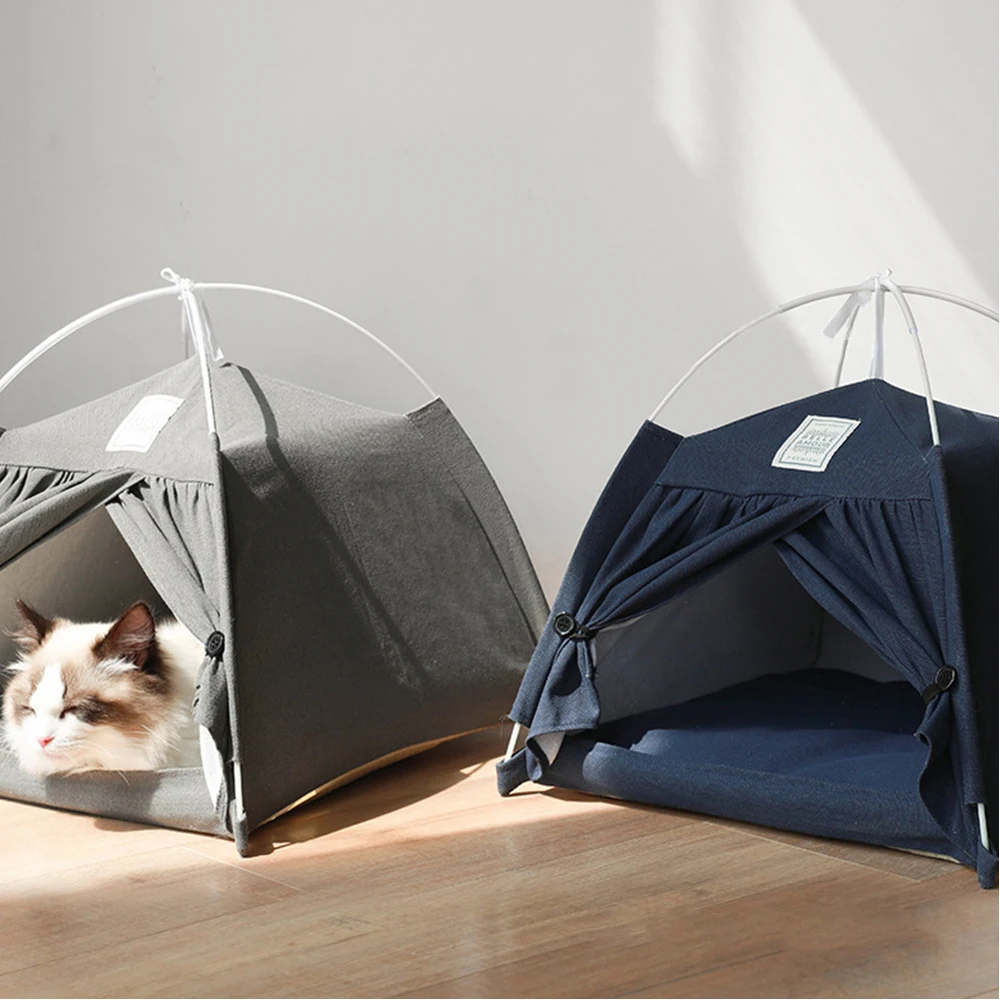 

Pet Cat Tent House Kennel Portable Folding Teepee with Thick Cushion Outdoor Indoor Easy Operation Cat Cave House for Cats Bed