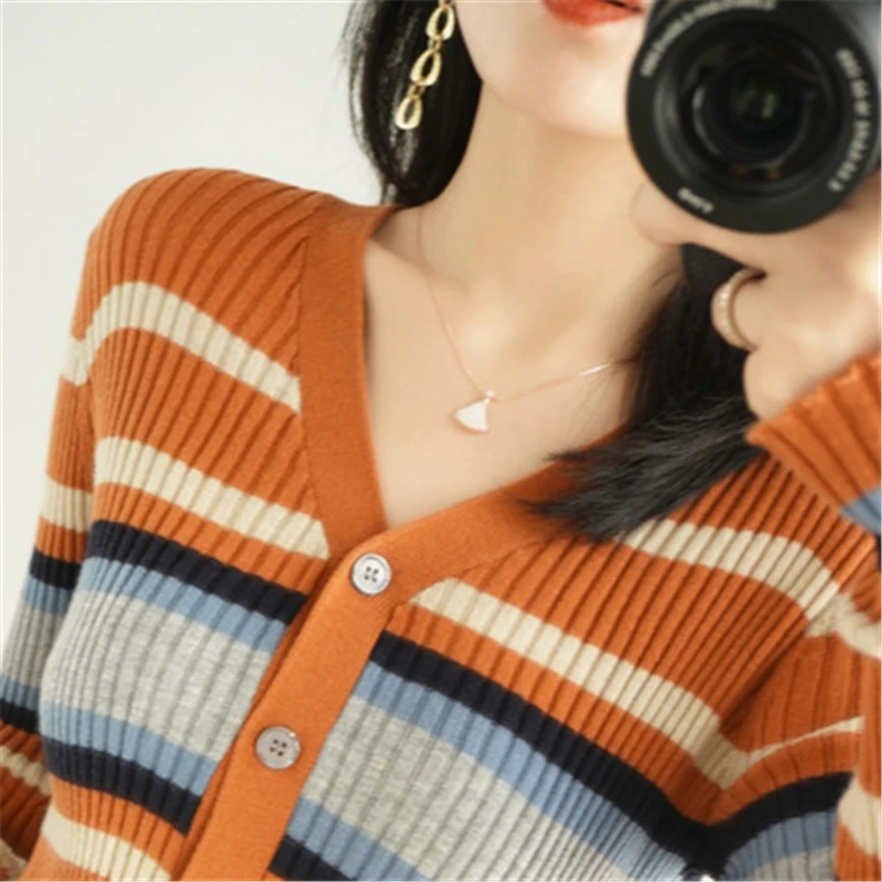 

2021 Spring Fashion New High-Quality V-Neck Long-Sleeved Wool Knitted Cardigan Women's Striped Slim-Fit Sweater Jacket Trend