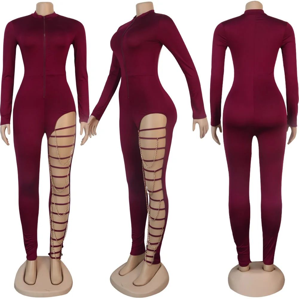 2021 New Women's Zipper, Hole Deep V Chain Slim Fit Suit, Jumpsuit (Including Chain)