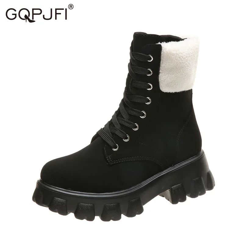 

Black Round Head Women Shoes British Style Cortex Martin Boots Autumn Winter Thick Sole Rough Heel Lace-up Motorcycle Booties