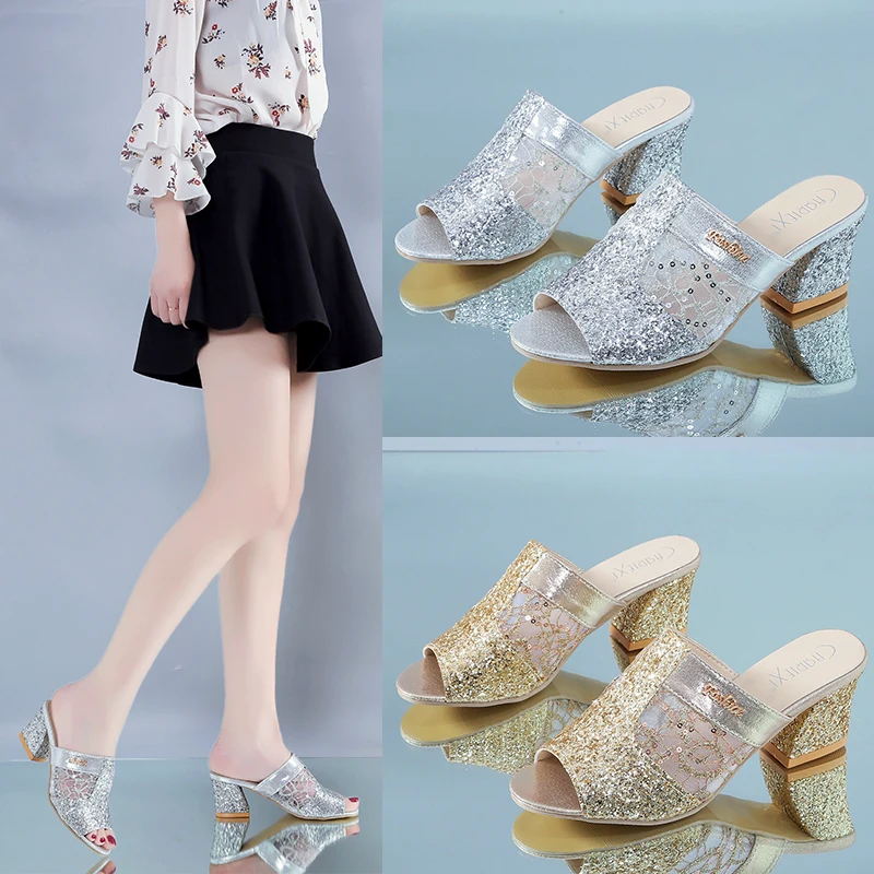 

2021 summer 2021 new fish mouth with sequins leisure large-heeled sandals