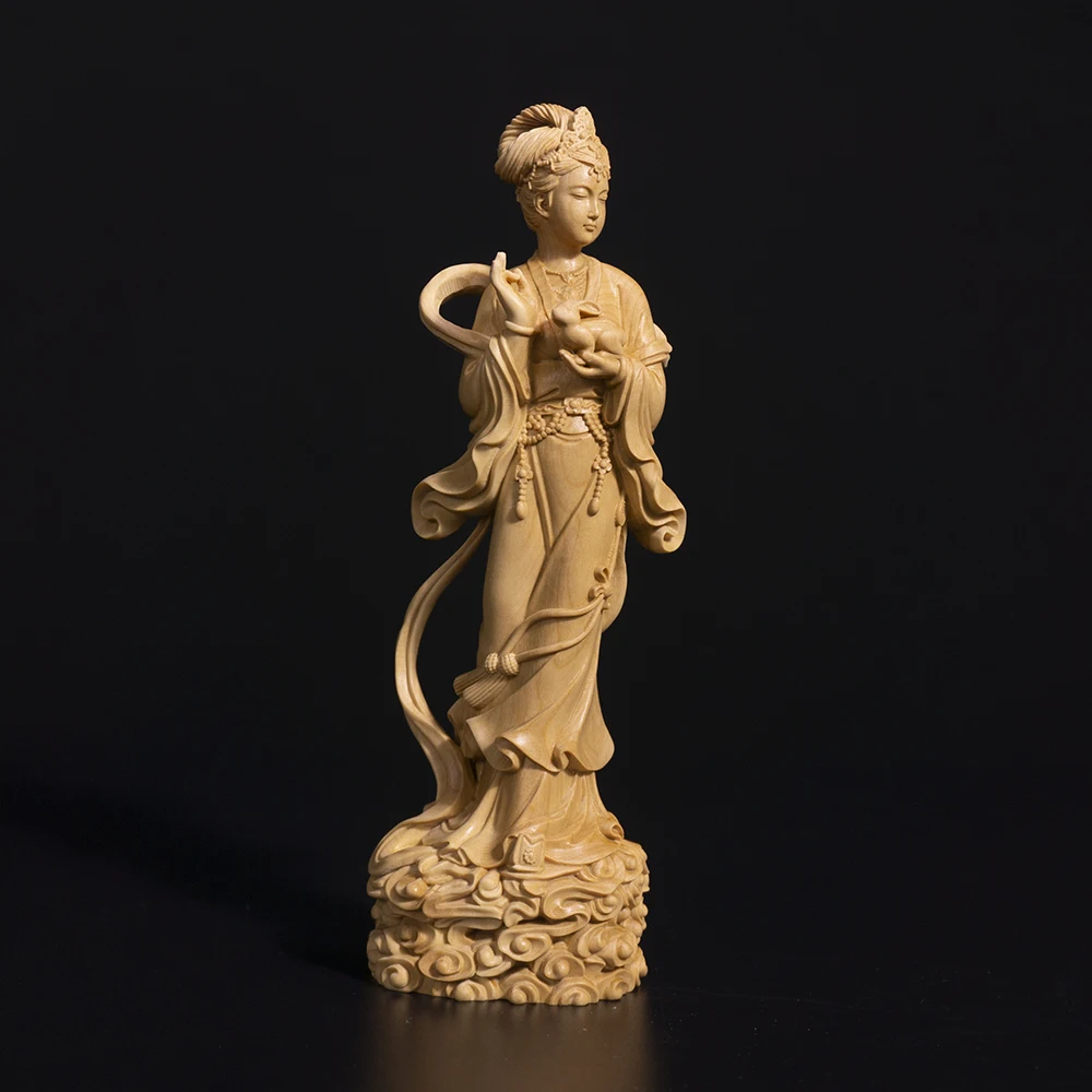 

XS093-18CM Hand Carved Wood Carving Figurine Mythology Goddess of Moon Statue Home Decor -Chang'e Sculpture Folk Crafts