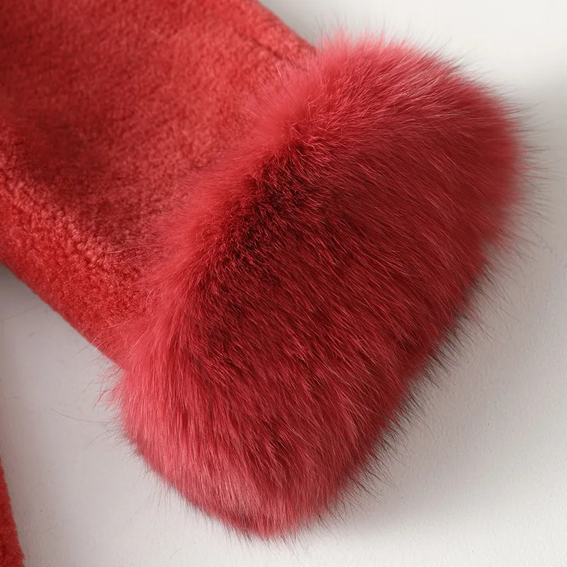 Winter 100% Wool Fox Fur Collar Women's Red Fashionable New Hoodie Coats Sheep Shearing Coat Autumn Black Wool Fur Outwear