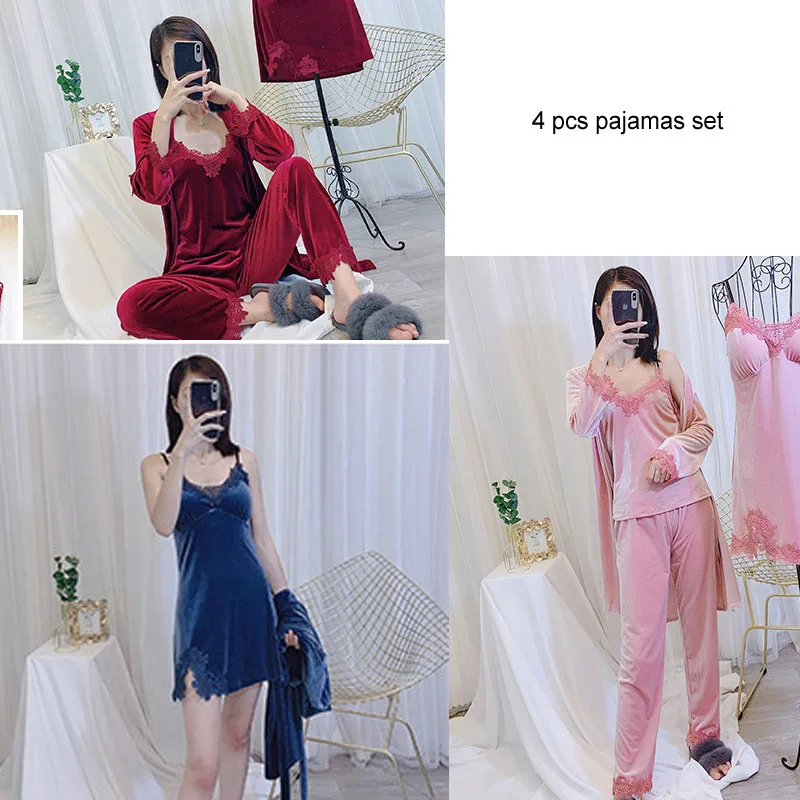 Очаровательная одежда для сна женские пижамные комплекты из 4 предметов халатов