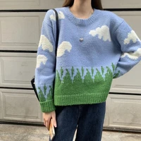 womens harajuku sweater retro fashion chic cute knit korean blue sky and white cloud pullover 2022 casual loose y2k sweater new
