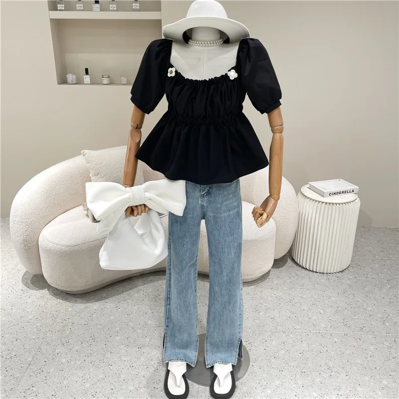 

New Women's Clothing Summer 2021 Fashion Sweet square neck small flower pleated Puff sleeve Doll shirt
