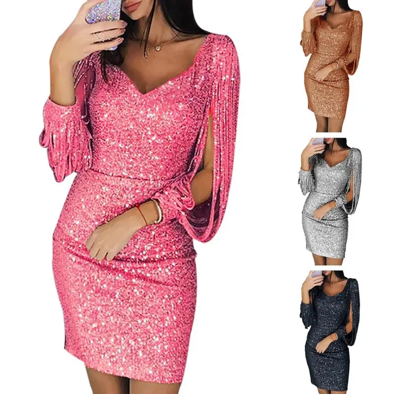 

Womens Plus Size Sexy Glitter Sequins Stitching Tassel Long Sleeve Bodycon Mini Dress Deep V-Neck Solid Color Evening Party