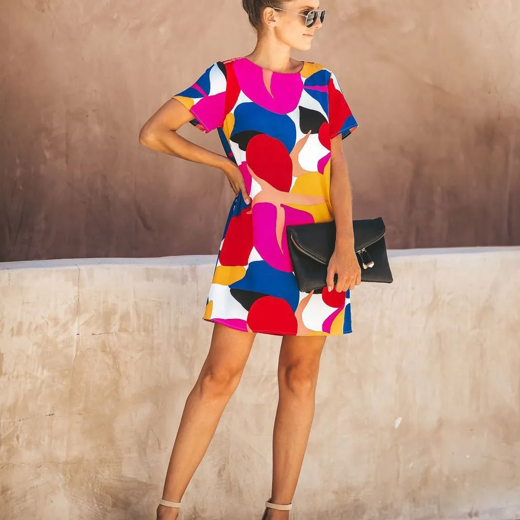 Летнее свободное мини-платье повседневное женское платье с коротким рукавом и