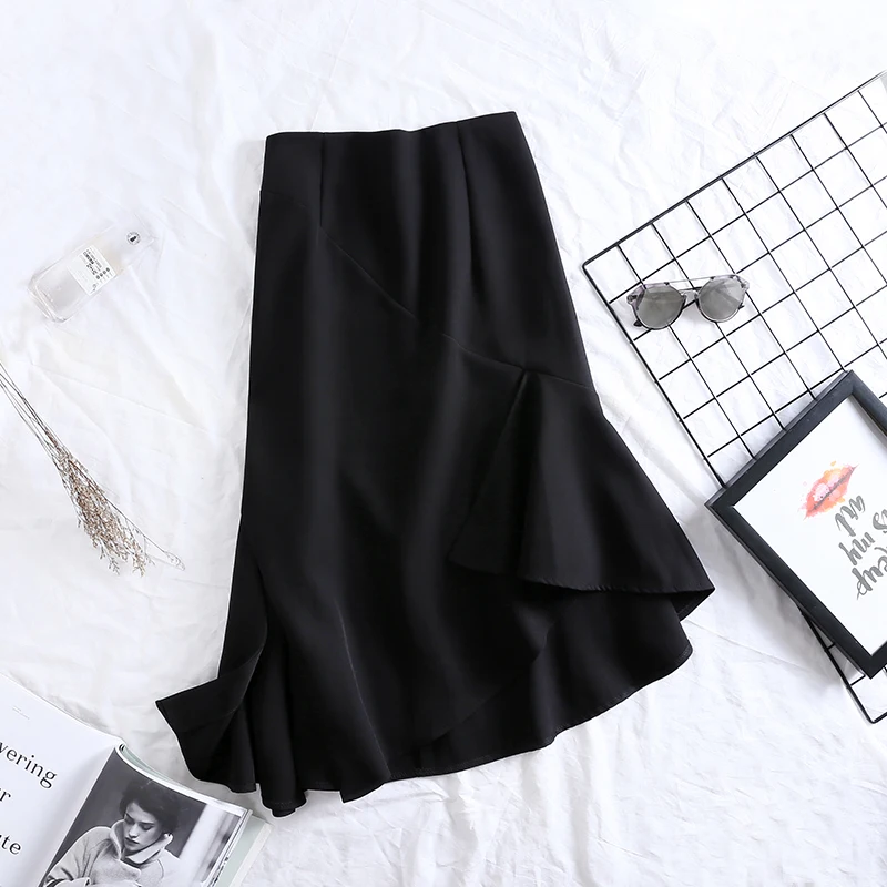 

Black Chiffon Irregular Women Skirts 2021 Summer New High Waist Mermaid Solid Office Lady Elegant Skirts Top Quality