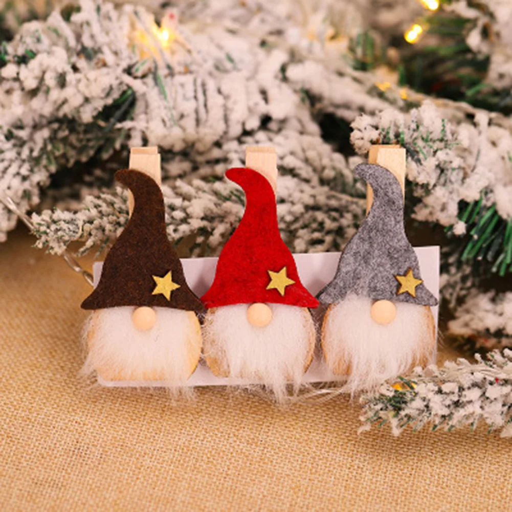 3pcs Christmas Wooden Clips Elk Santa Claus Faceless Doll Pendant Xmas Tree Decoration Mini Cilps Festival Party Gifts for Kids - купить по