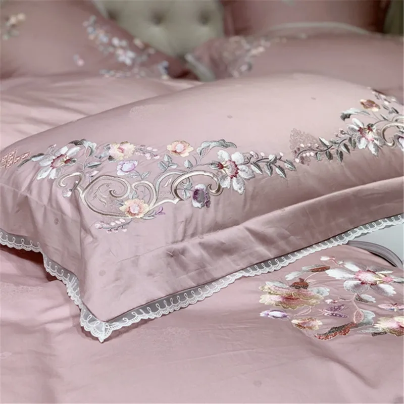 4/7 шт. 800TC египетского хлопка розового цвета с вышивкой и цветочным принтом