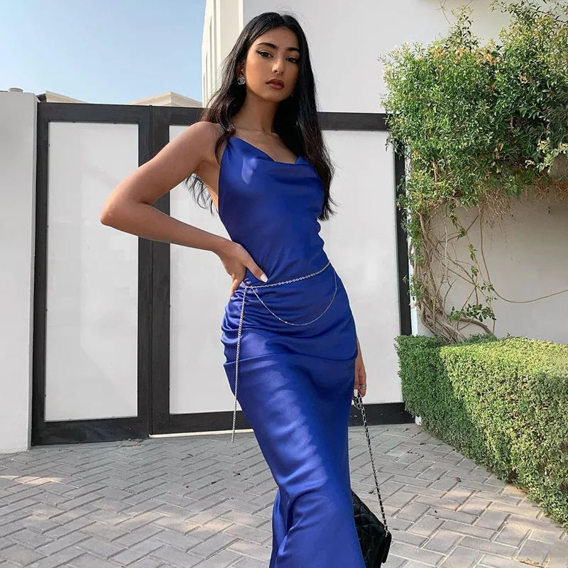 

2021 Summer Fashion Green Blue Satin Women Dress Sexy Spaghetti Strap Backless Elegant Bodycon Split Party Maxi Dresses W899