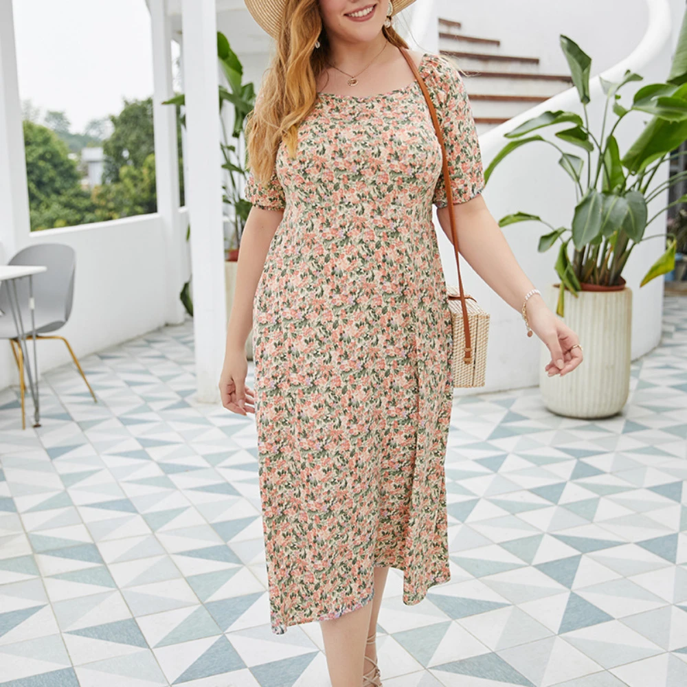 

New Women Short Sleeve Round Collar Summer Flower Print Plus Size Dress Lady Mid-Calf Beach Dresses Women's Fashion Clothing