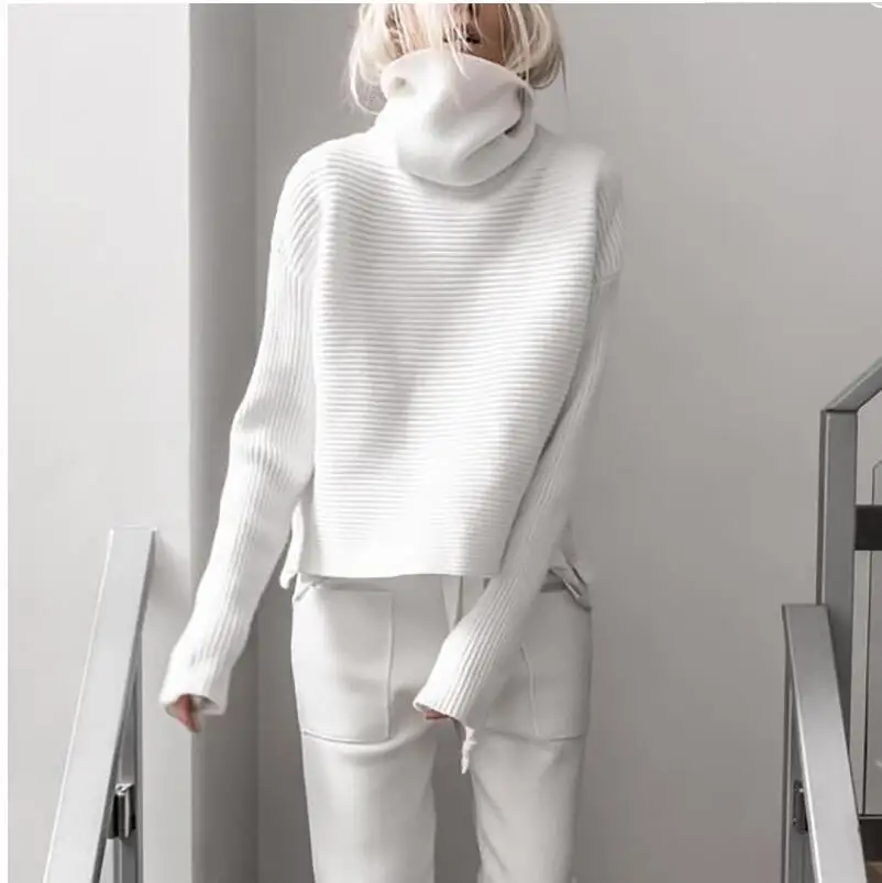 

Женский короткий свитер с высоким воротником, повседневный свободный белый пуловер с длинным рукавом, вязаный Топ оверсайз, Осень-зима 2021