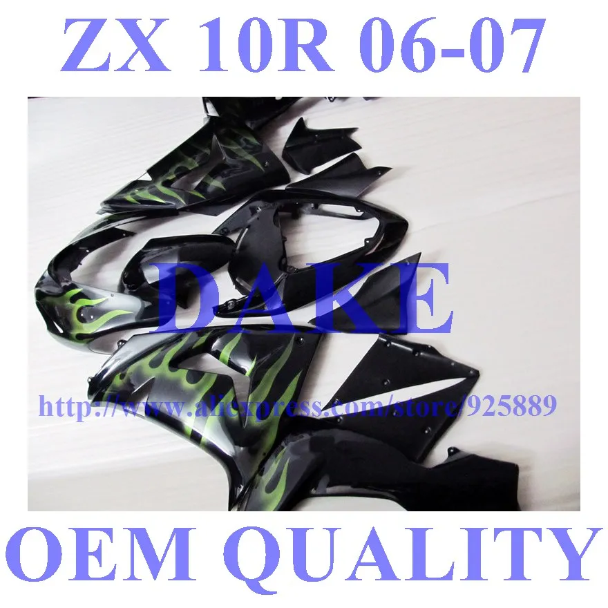 

DAKE.. Green Flame Black Fairing Kits FOR KAWASAKI NINJA ZX10R 06-07 ZX 10R 06 07 ZX-10R 06-07 10 R ZX 10R 2006 2007 Fairings