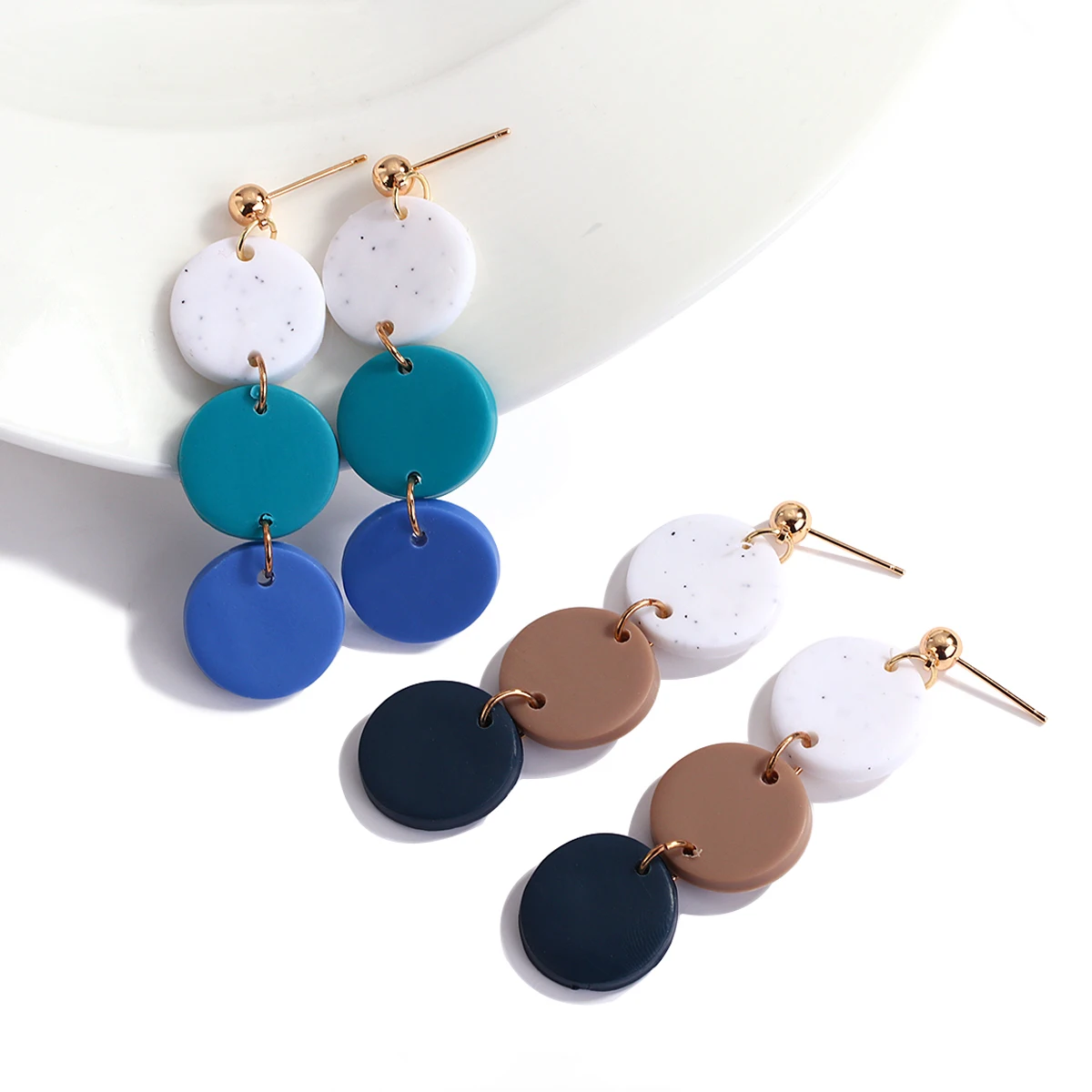 

AENSOA Unusual Three Colors Polymer Clay Drop Earrings for Women Pendientes Geometric Round Hanging Earrings Handmade Jewelry