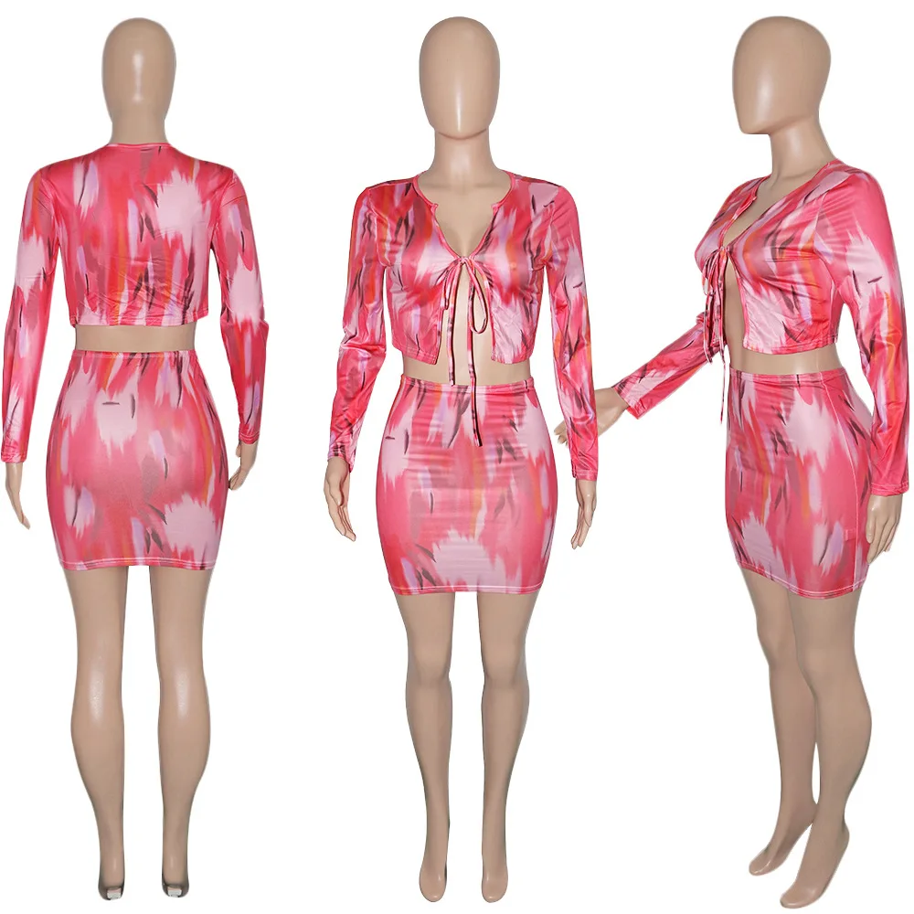 

Fashion Women's Suit New Summer Hot Sale Casual Lace-up Chest Printing Sexy Short Skirt Suit Strapless Hollow Out Donsignet