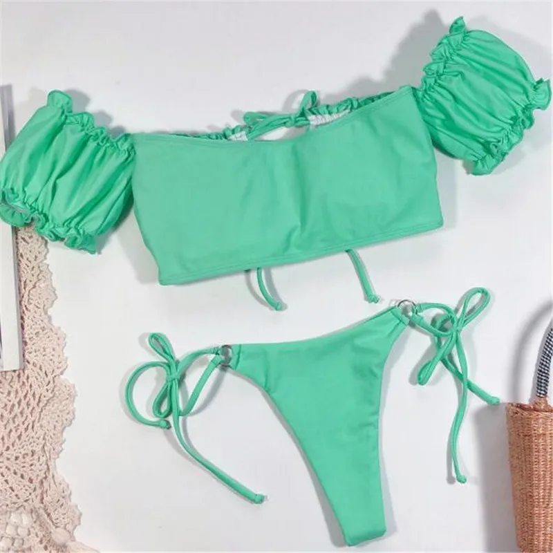

New Women Bikinis Set Summer Solid Off Shoulder Ruffles Bathing Suit Swimwear Beach Ladies Wear String Bandage Padded Bikini Set