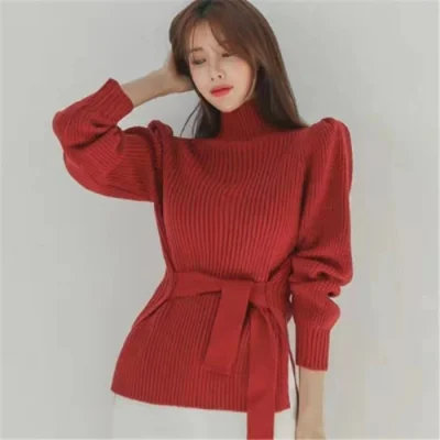 Autumn Winter Women tie belt sweater Pullover puff sleeve Sweaters Turtleneck Fashion High Elasticity Knitting Female | Женская одежда