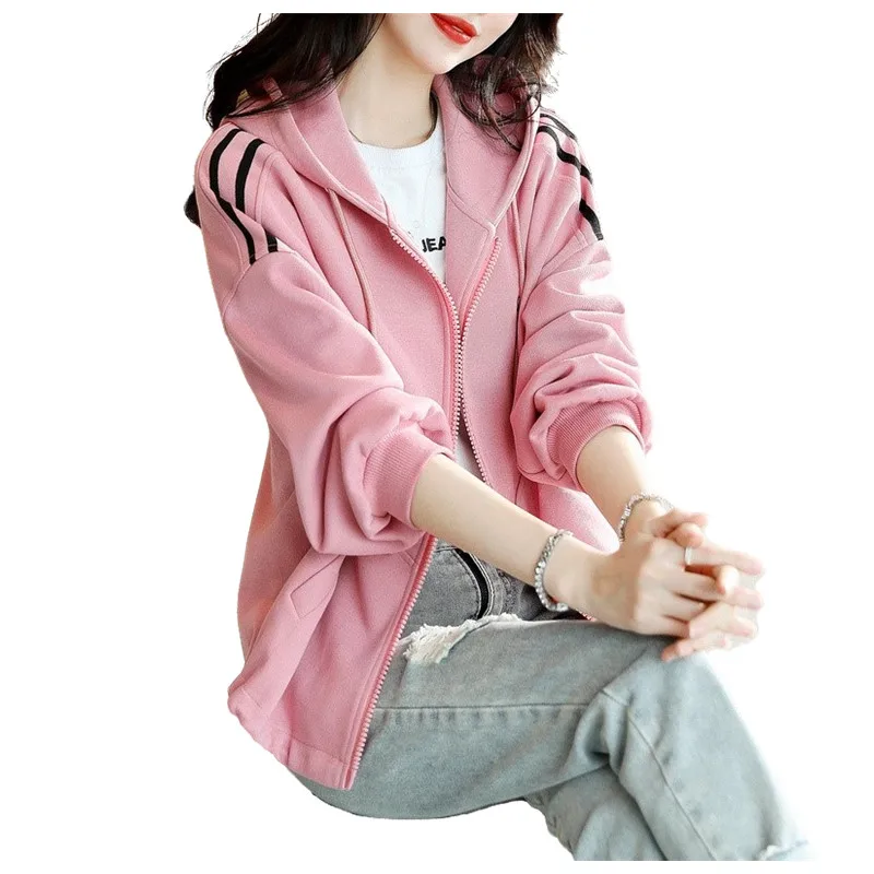 Jacket Design Women's 2022 Spring And Autumn Hooded Outerwear Lady New Pink Loose Tops Recreational Knitting Outside Coat