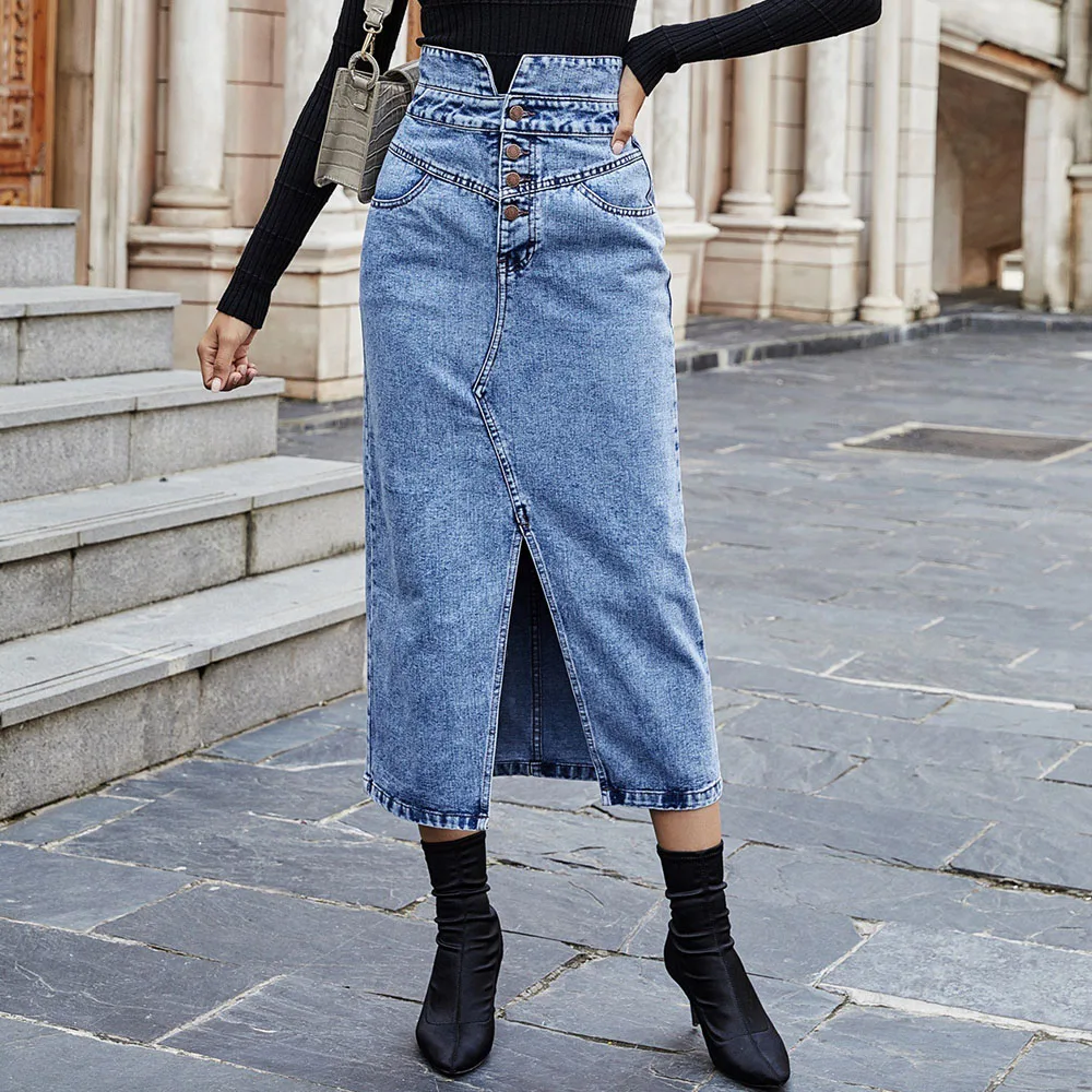 

Western Style Skirt Spring Autumn The New Fashion Simple Temperament High Waist Thin Hot Sale Pocket Split Irregular