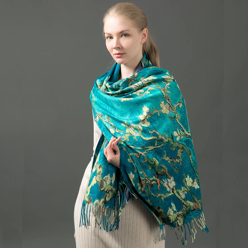 Luxury brand women winter cashmere scarf shawl Digital painted shawl Van Gogh oil painting pashmina ladies Blanket scarf