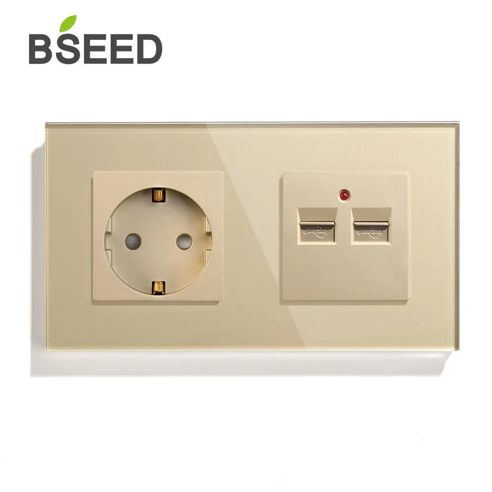 BSEED розетка стандарта ЕС с двойным USB зарядным устройством, настенная розетка, белая, черная, стеклянная панель с кристаллами 100-240 В