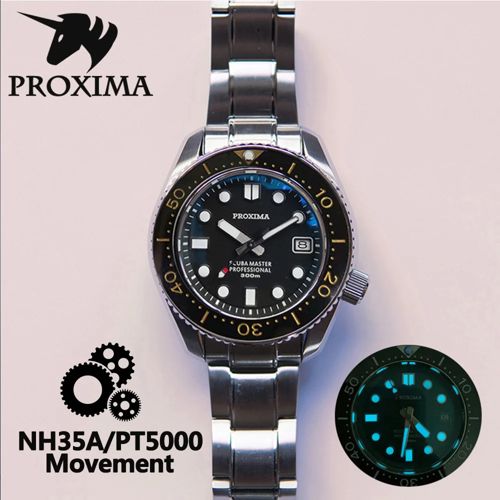 

Proxima Mens Diver Watches Men Automatic Mechanical Wristwatch 300M Waterproof Sapphire C3 Luminous Ceramic Bezel NH35A Watch