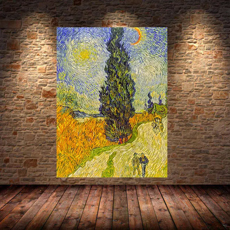 

Road with Cypress and Star By Van Gogh Famous Canvas Painting Poster Prints Wall Art Decorative Picture for Living Room Unframed