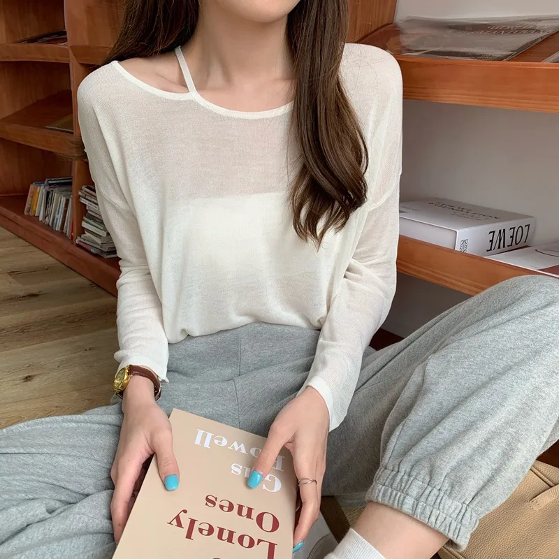 

5 Colors Summer Loose Pink Sun Protection Clothing for Women Retro Long Sleeve Thin Stripe Sweater Pullover Femme Casual Jumper