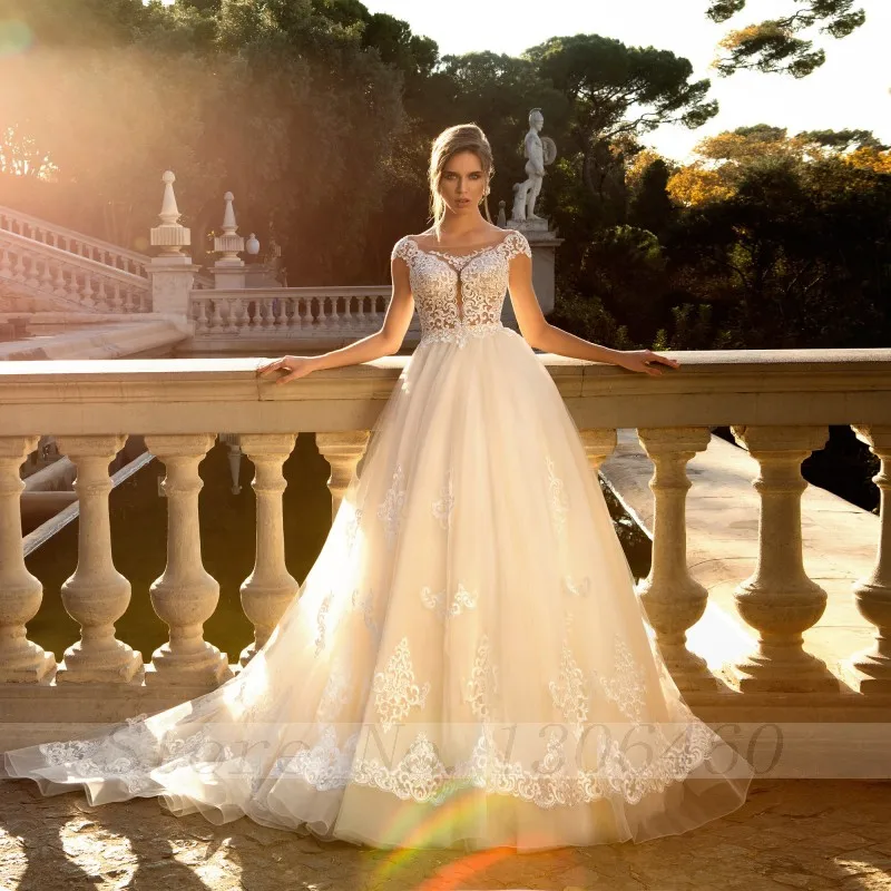 

Thinyfull Ball Gown Princess Court Train Wedding Dresses O Neck Cap Sleeve Bridal Gown Lace Appliques Button Vestido De Novia