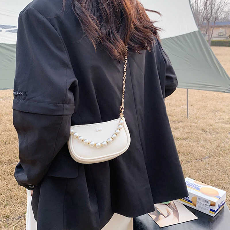 

Fashion Women Chic Bow Tote Handbags Elegant Pearl Handle Solid Color Crossbody Bolsa 2021 New Korean Trendy Mujer Messenger Sac