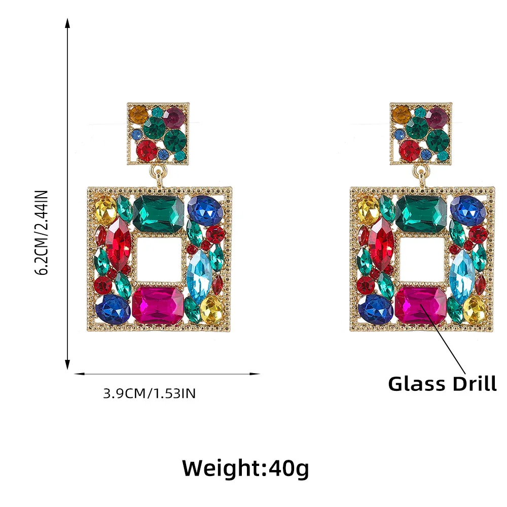 

Fashion colorful diamond multi-layer square alloy diamond glass diamond geometric earrings female exaggerated party earrings