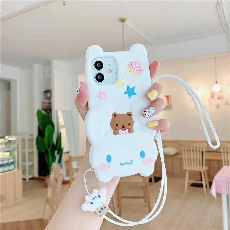 cartoon white Phone case For iphone 12 pro max mini XS MAX X XR SE20 7 8 plus for 11 pro max Soft silicone cute cover With Strap