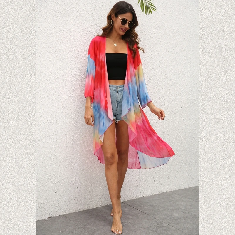 

Women Mesh Beach Kimono Cardigan Irregular Tie-Dye Flowy Loose Swimsuit Cover Up