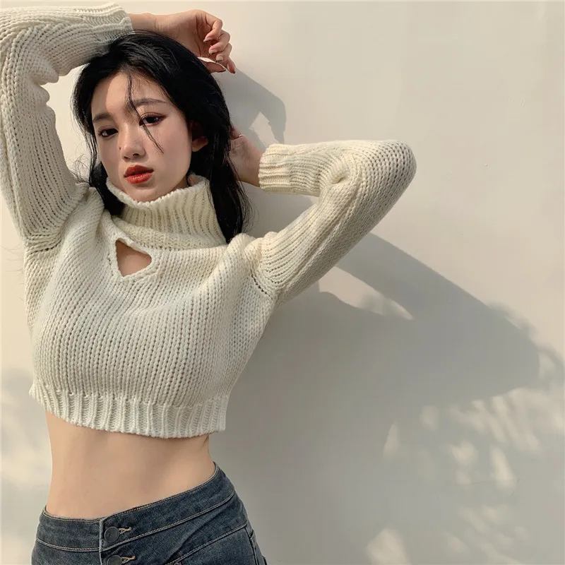 

Women's Turtleneck Cropped Sweater Hollow Out Heart Sweater Sweet Solid Long Sleeve Pullover Women's Knitted Short Sweater