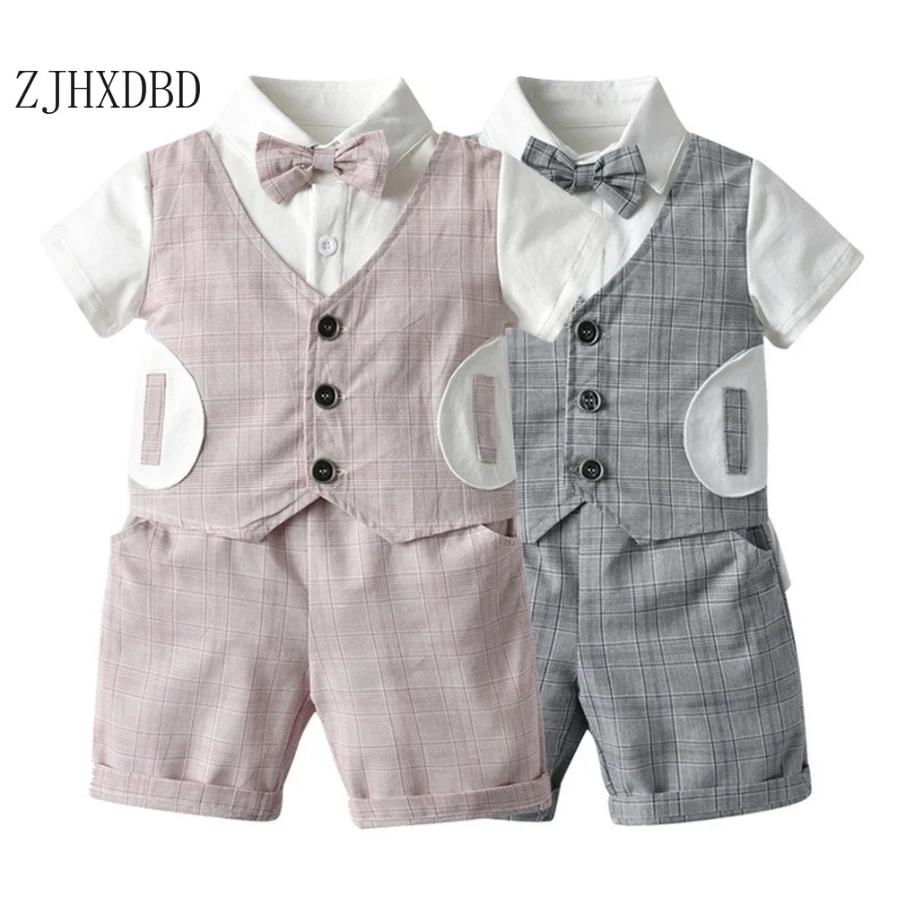 

2020 New Summer Pink Gray Plaid Blazers Boy Baby Suit Gentleman Short-sleeved Houndstooth Fake Vest Two-piece Suit Sets Children