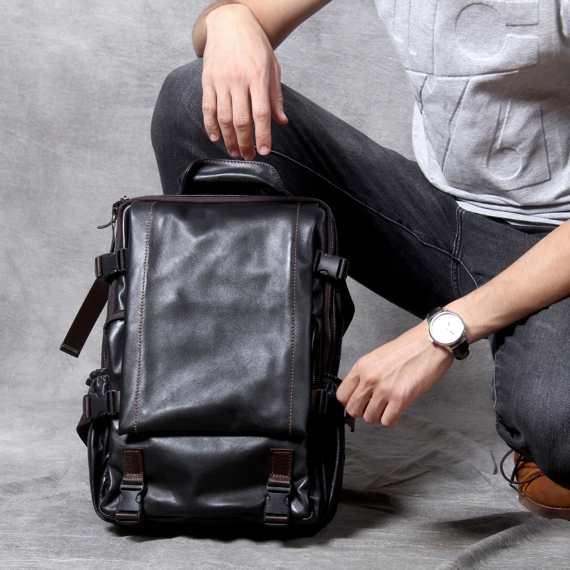 Винтаж Oxhide верхний слой коровья кожа сумка ручной работы голова кожаный рюкзак