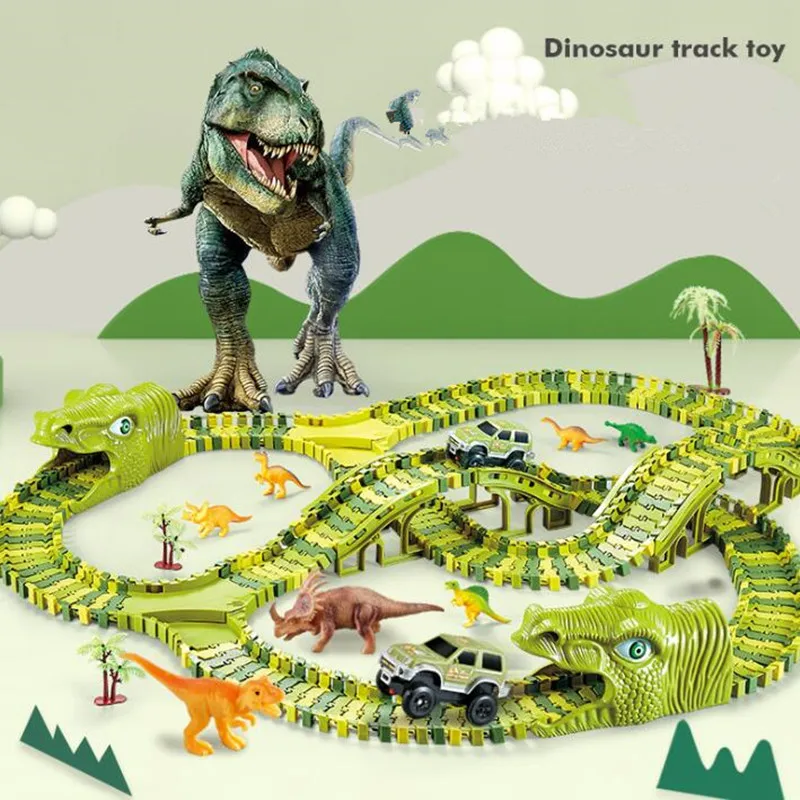 

211-289pcs Dinosaur Railway Toy Car Track Racing Track Toy Set Educational Bend Flexible Race Track For Children gift
