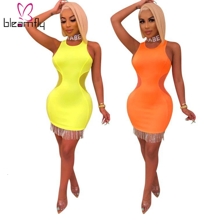 2019 женское осеннее зимнее Сетчатое Мини платье без рукавов с кисточками