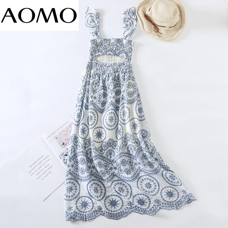

AOMO Women Embroidery Romantic Dress Ruffles Sleeve Backless Females Summer Beach Dresses Vestidos 6H71A