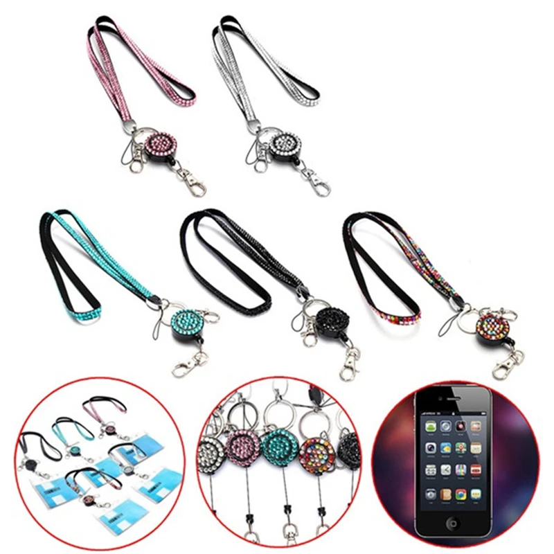 

100Pcs/Lot Wholesale Bling Crystal Neck Lanyard with Retractable Pull ID Badge Reel