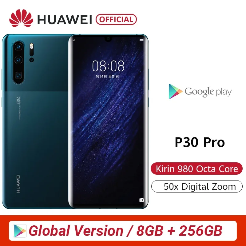 Мобильный телефон huawei P30 Pro, 8 ГБ, 256 ГБ, Восьмиядерный процессор Kirin 980, 6,47 дюйма, OLED, 40 МП, 5 камер, аккумулятор 4200 мАч, NFC, глобальная версия