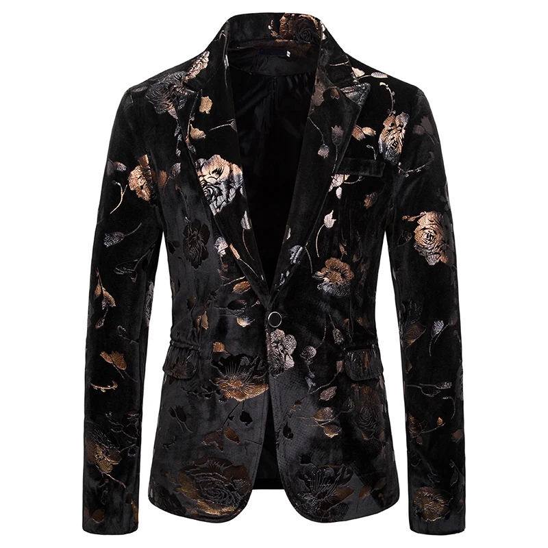 Mens Suit Jacket Blazers Gold Bronzing Rose Floral Printed Velvet Blazer Hombre Korean Stage Costumes Winter Jacket Men - Цвет: Black