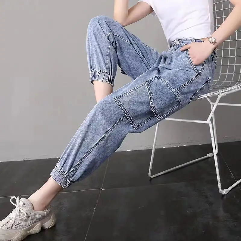 

High Waisted Jeans Cargo Pants Women's Loose Baggy Jeans Women Summer Ankle Banded Pants Harem Pants Thin Fashion Woman Jeans