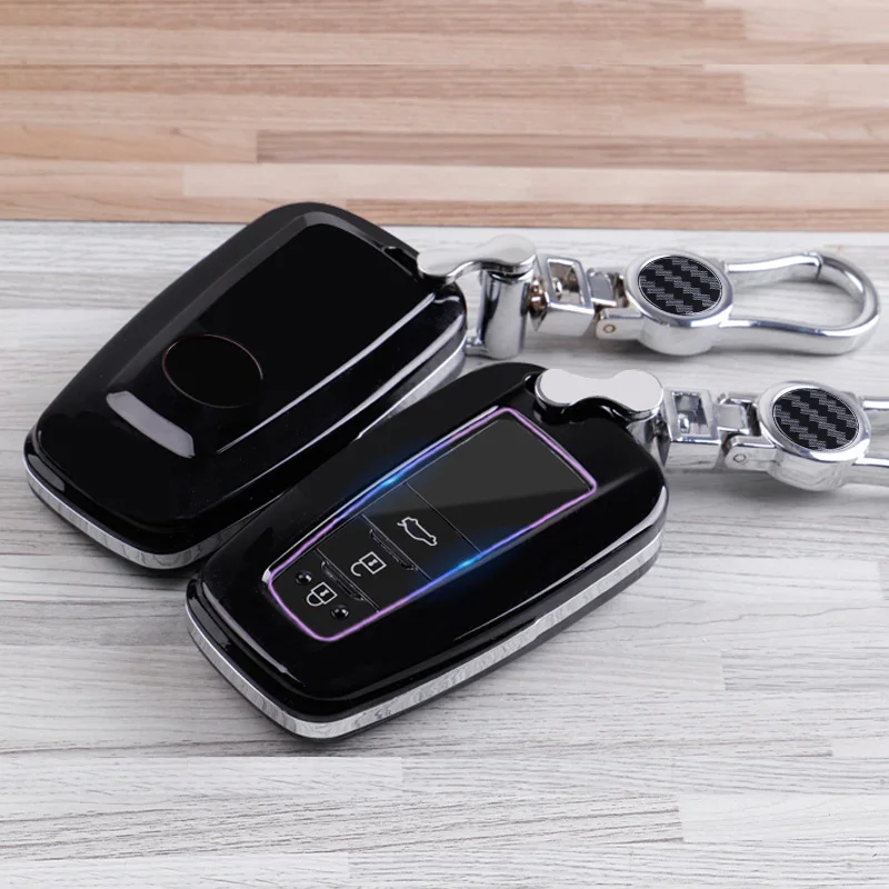 

Carbon Car Keychain Key Cover Case For Toyota Camry CHR Prius Corolla RAV4 Prado 2017 2018 Avalon Land Cruiser Remote 3 button