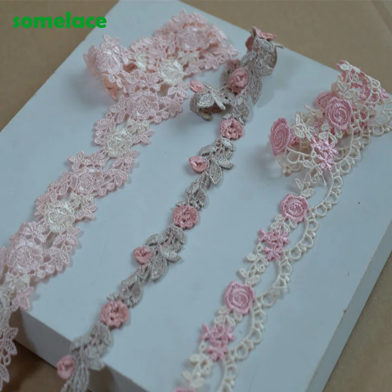 

7Yds/Lot 2.5cm,3.5cm Wide Pink Brown Mixed Series Floral Venise Lace Trim with Design for Wedding Bridal,Garment Decoration