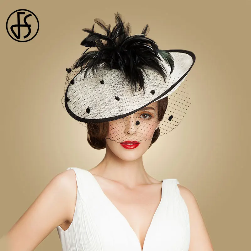 FS черно белые шляпы с перьями для свадьбы женщин Очаровательная шляпа Sinamay Kentucky
