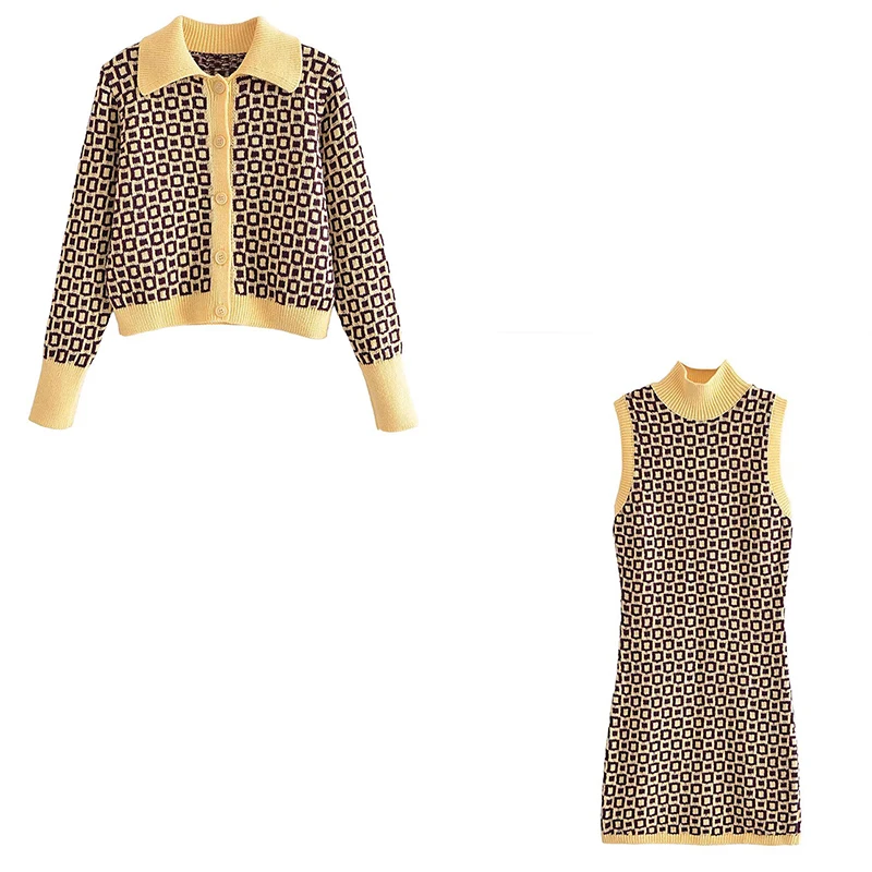 

Женский Осенний вязаный комплект из 2 предметов, повседневный клетчатый кардиган и платья, женский модный уличный костюм из двух предметов, ...